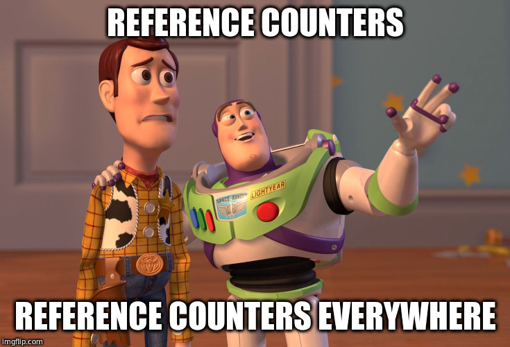 Picture of the Toy Story Buzz Everywhere meme: Reference counting, Reference counting everywhere